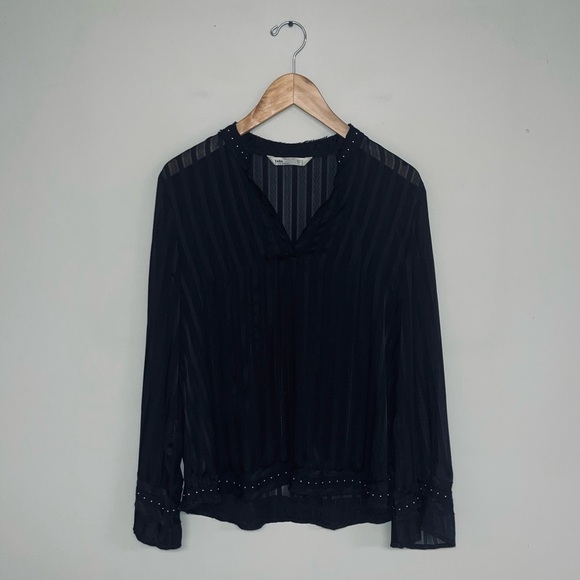 Zara Blouse Women’s Size Medium Black Striped Sheer‎ Satin Silver Studded Ruffle - Picture 3 of 11